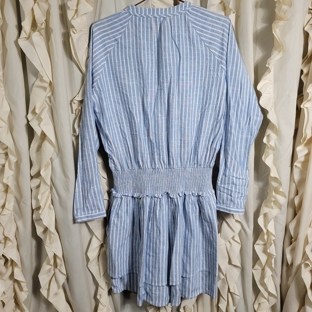 FATE Linen Blend Striped Dress Large Smocked Button Front Long Sleeves - Picture 7 of 9